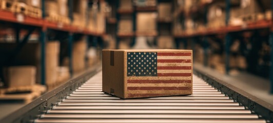 The American flag box positioned on a conveyor in a busy warehouse setting.