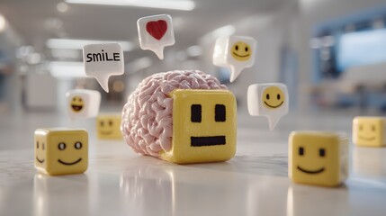 Creative Brain Model with Smiley and Speech Bubble Icons in Modern Office Setting