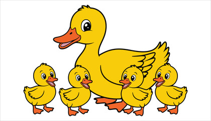 Cartoon Mother Duck with Ducklings Vector Illustration for Kids