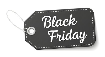 Black Friday sale tag with white string and stitching on white background label shopping