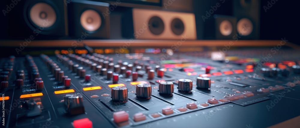 Poster the professional audio mixing console with intricate controls and studio speakers.