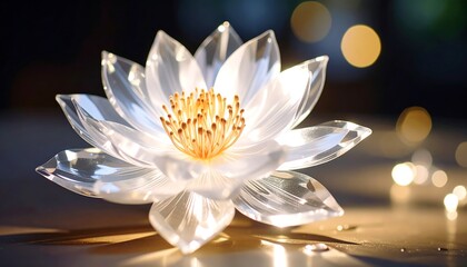 Crystal lotus flower, glowing, sits on reflective surface, bokeh background
