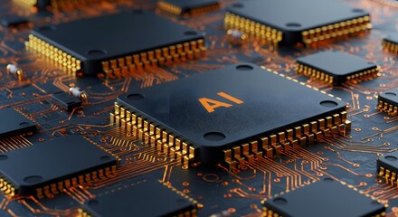 Close-up of a computer circuit board with several microchips, one prominently labeled "AI" in gold, showcasing technology and artificial intelligence.