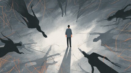 A conceptual depiction of anxiety, showing a figure surrounded by sharp abstract lines or hovering shadow figures everything slightly distorted to reflect inner tension without being graphic