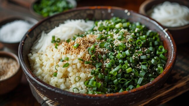 Green onions provides a fresh contrast in color and flavor, while the sesame seeds add a nutty aroma and crunch