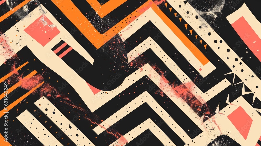 Poster the design features bold zigzag lines and arrows in a dynamic composition