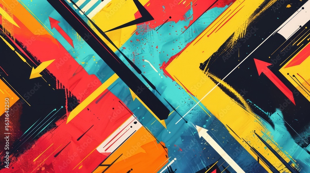 Poster the design features bold zigzag lines and arrows in a dynamic composition