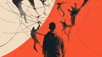A conceptual depiction of anxiety, showing a figure surrounded by sharp abstract lines or hovering shadow figures everything slightly distorted to reflect inner tension without being graphic