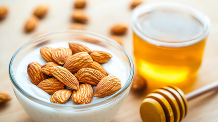 Bowl of creamy yogurt topped with fresh almonds is paired with jar of golden honey and honey dipper, creating healthy and fresh snack option that is both nutritious and delicious