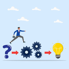 Businessman jumping from a question mark to gears and then to a light bulb. Symbolizing problem solving, process, innovation, and business solutions.