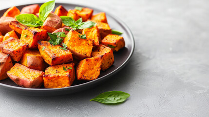 Roasted sweet potatoes served on black plate with fresh basil leaves, offering healthy and fresh option for fit and balanced meal