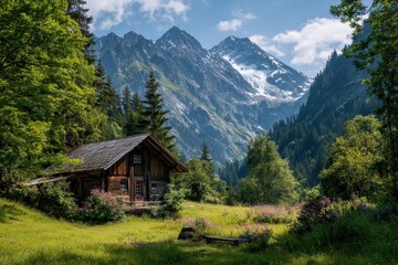 Obraz premium Mountain cabin meadow alpine valley summer scenic postcard