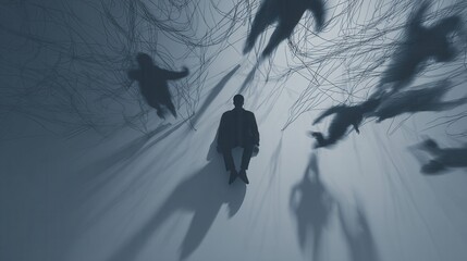 A conceptual depiction of anxiety, showing a figure surrounded by sharp abstract lines or hovering shadow figures everything slightly distorted to reflect inner tension without being graphic