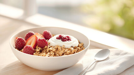 Bowl of fresh granola topped with raspberries, strawberries, and creamy yogurt sits on wooden table, creating healthy and fit breakfast option to eat