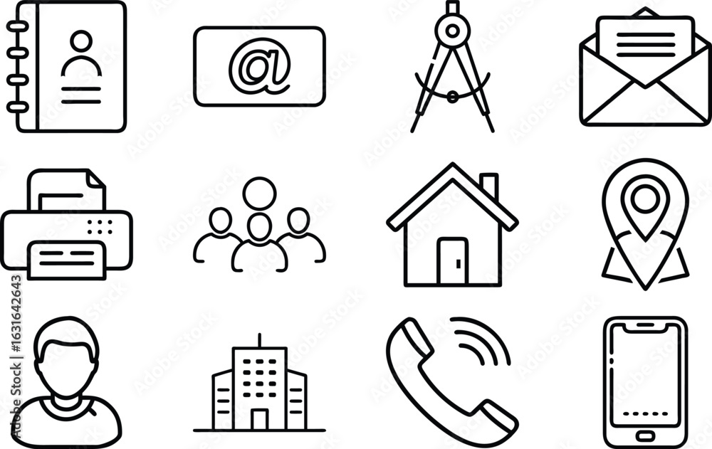 Poster collection of simple line art icons representing contact and communication essentials for business