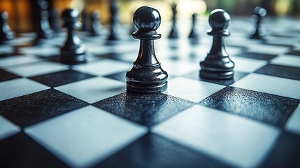 Close-Up of Black Chess Pieces on International Chessboard, Strategy Game Design Material & Educational Theme Element