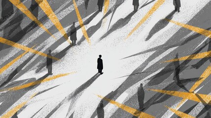 A conceptual depiction of anxiety, showing a figure surrounded by sharp abstract lines or hovering shadow figures everything slightly distorted to reflect inner tension without being graphic