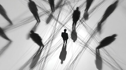 A conceptual depiction of anxiety, showing a figure surrounded by sharp abstract lines or hovering shadow figures everything slightly distorted to reflect inner tension without being graphic