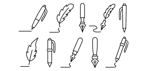Ink and Feather Pen Writing Line Icon Black and White Minimalist, Office, Calligraphy, Stationery, Notebook, Handwriting, Symbol Vector Design Illustration Collections Icons