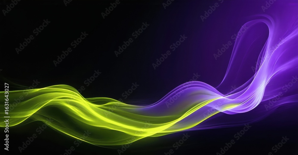 Poster abstract flowing lines, vibrant colors contrast against dark background. smooth curves create dynami