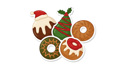 Festive christmas sweets and dessert sticker with christmas tree and donuts vector