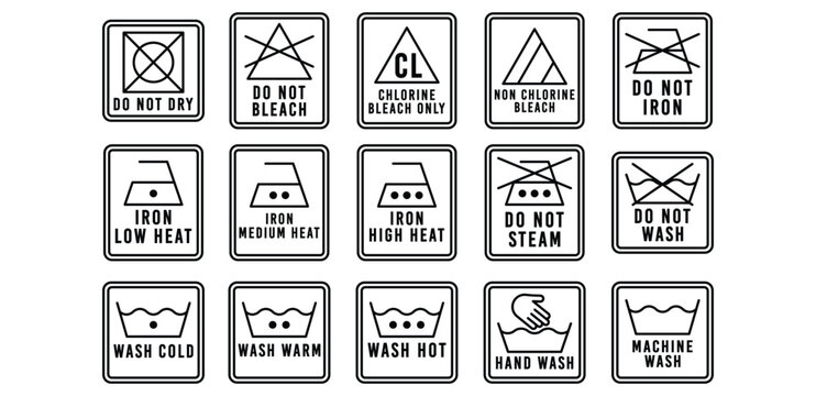Laundry Care Instruction Line Icon Black and White Pixel Art Symbols Vector Design Illustration Collections Sets