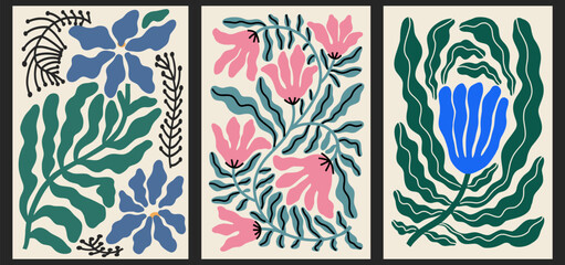 Set of colorful flat Illustration inspired by Henri Matisses cut out style, featuring abstract hand drawn flowers with leaves.