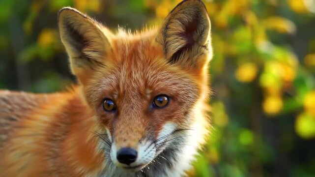 Close up portrait of a red fox with a blurred background of green and yellow foliage outdoors