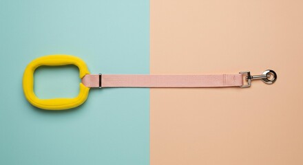 Photo of a pink dog leash with a yellow handle is lying on a split blue and beige background