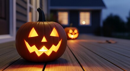 Photo of two glowing jackolanterns sit on a wooden porch creating a spooky halloween atmosphere at night