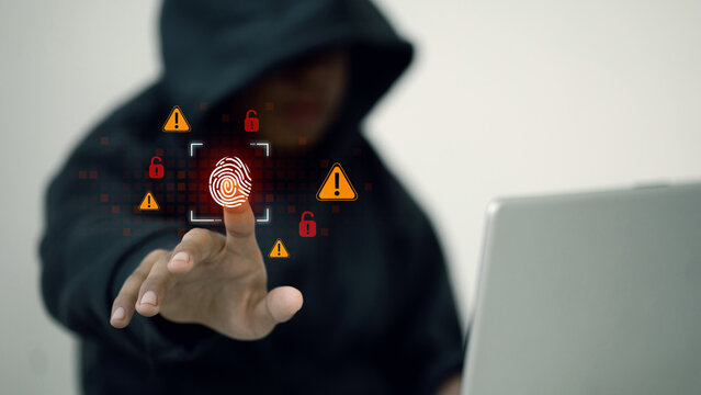 Hacker Accessing Biometric Data with Fingerprint Scan and Security Alerts