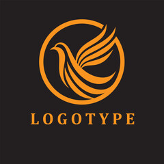 Stylized bird logo with outstretched wings inside a circle, paired with placeholder text “Logotype” and a generic tagline—used as a sleek branding mockup with Latin filler text.