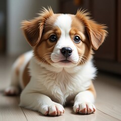 Adorable Fluffy Puppy with Big Brown Eyes and White Chest Lying on Wooden Floor