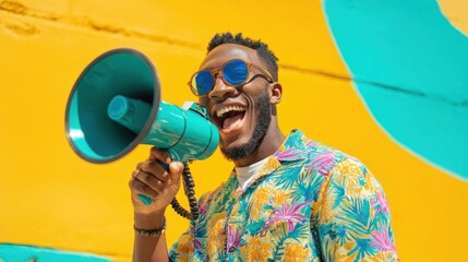 The joyful man with a megaphone and vibrant fashion against a colorful backdrop.