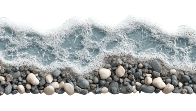 Gentle Waves Crashing on Rocky Shoreline with White Foam on Transparent Background