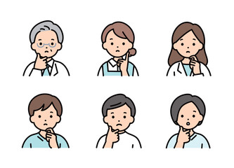 悩んでいる医療従事者・福祉の人物の上半身イラストセット