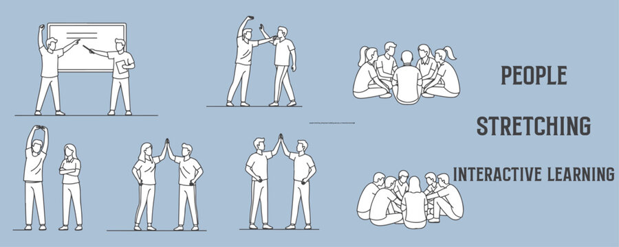 Architectural Drawings people stretching, doing team-building exercises, or interactive learning vector illustration, side view, human person Minimal style hand drawn.