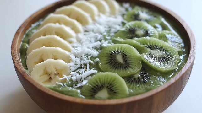 Close up of a wooden bowl with a green smoothie topped with banana kiwi and coconut shavings