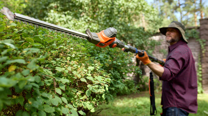 Man trimming a garden hedge with an electric hedge trimmer outdoors