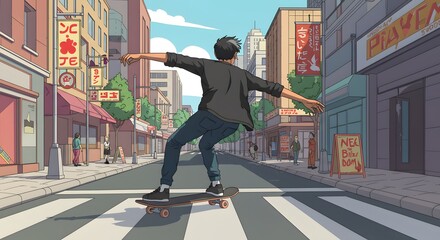 Skateboarder in Japanese City Crossing Street, Cartoon Illustration.