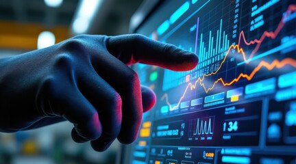 Close up of a hand interacting with a glowing futuristic financial data display