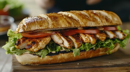 Close up of a grilled chicken sandwich with lettuce and tomato on a wooden cutting board surface