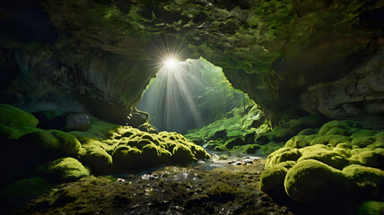 3D natural cave entrance with glowing moss, underground stream, and light rays breaking through the rocky ceilings