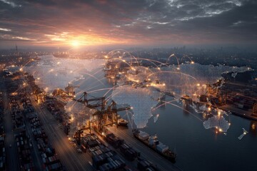 Global trade network at a busy port at dawn