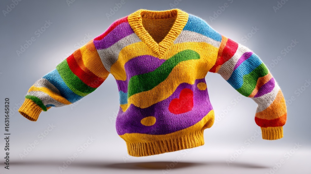 Poster colorful sweater with a heart on it is hanging in the air. the sweater is made of yarn and has a uni