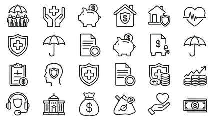 Financial and insurance icons set silhouette