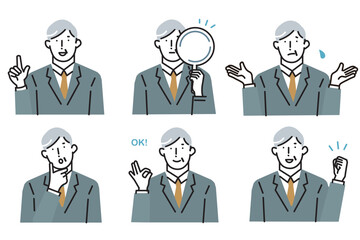 Senior businessman expression and gesture set business person - senior male avatar upper body - icon set vector line drawing illustration.ビジネスパーソンーシニアの男性アバタの上半身ーアイコンセットベクター線画イラスト素材