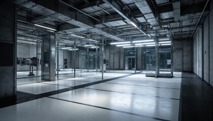 Obraz premium Spacious modern industrial interior with glowing floor, glass walls. Features exposed ceilings, ductwork, minimalist design. Clean, bright, open workspace, ideal for contemporary office factory