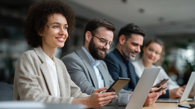 A group of people working in a technology-centric environment, using smartphones, tablets and laptops. The first image shows silence or isolation even when together, while the second image shows posit