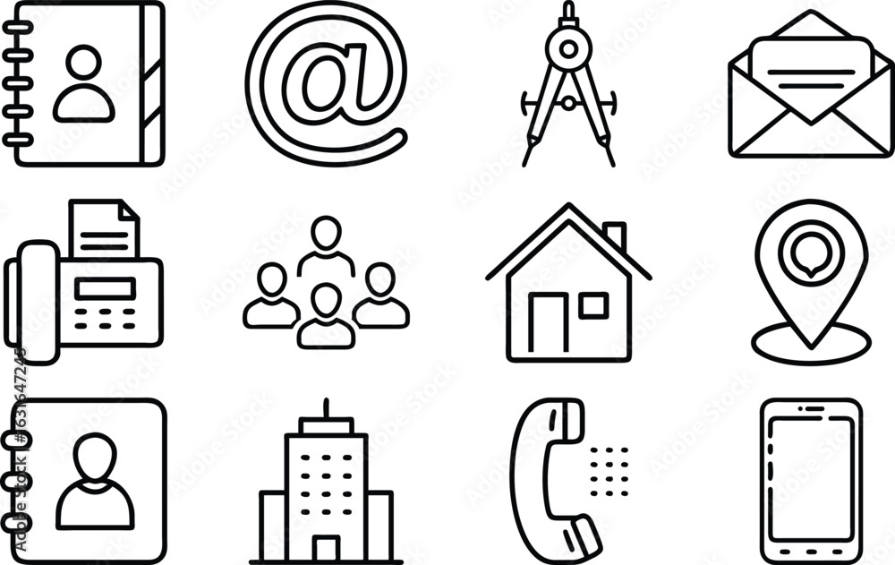 Poster collection of minimalist outline icons representing communication and business related concepts